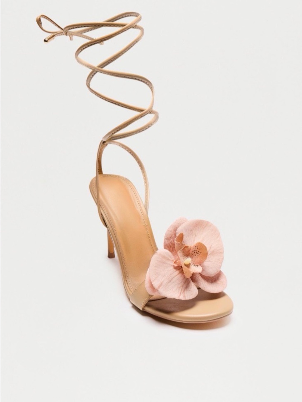FASHION NOVA NEVER WORN Strappy Nude Lace-Up Sandal with Pink Floral Accent